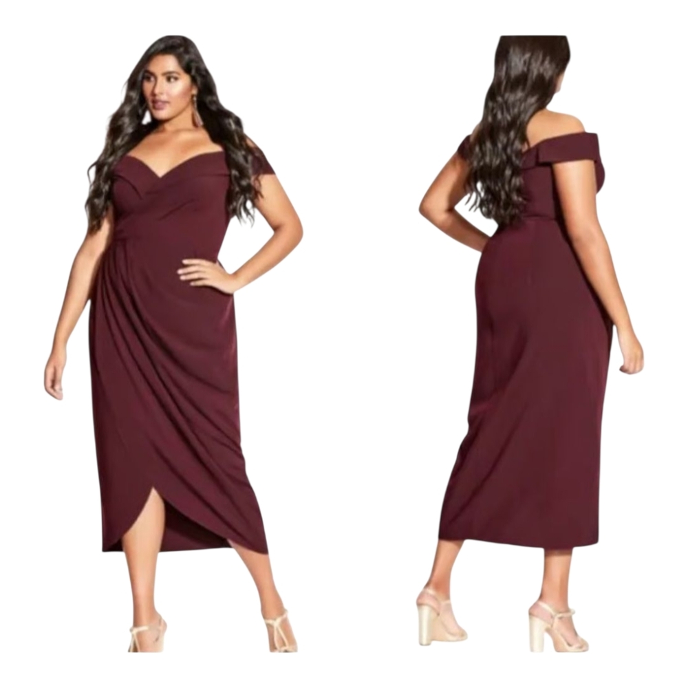City Chic Rippled Love Of The Shoulder Elegant Off-Shoulder Burgundy Dress